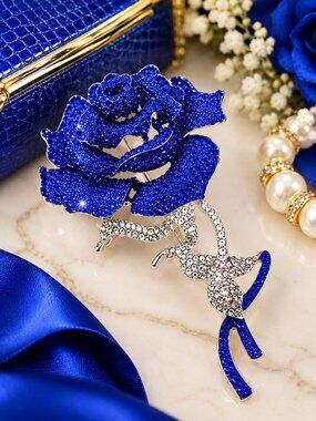 Royal Blue Rose Rhinestone Floral Brooch Silver Tone Statement Pin